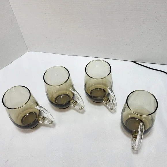 Vintage 1970's 1980's Smoked glasses Libbey Tempo Mug Clear Handle Set of 4 - Picture 4 of 7